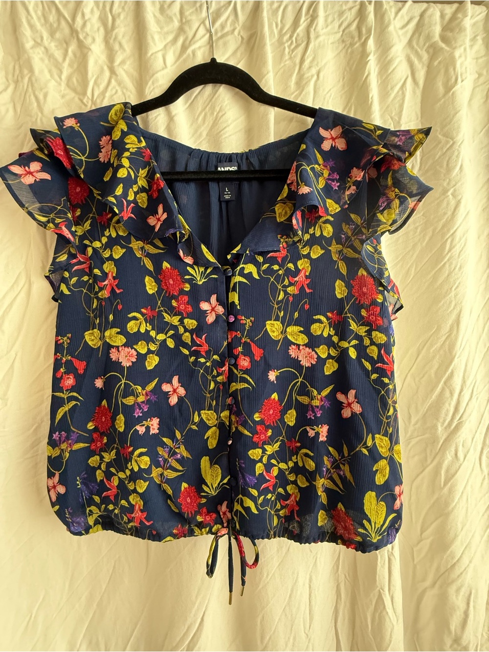 Lands End Navy Floral Ruffle Sleeve Blouse size L 14-16